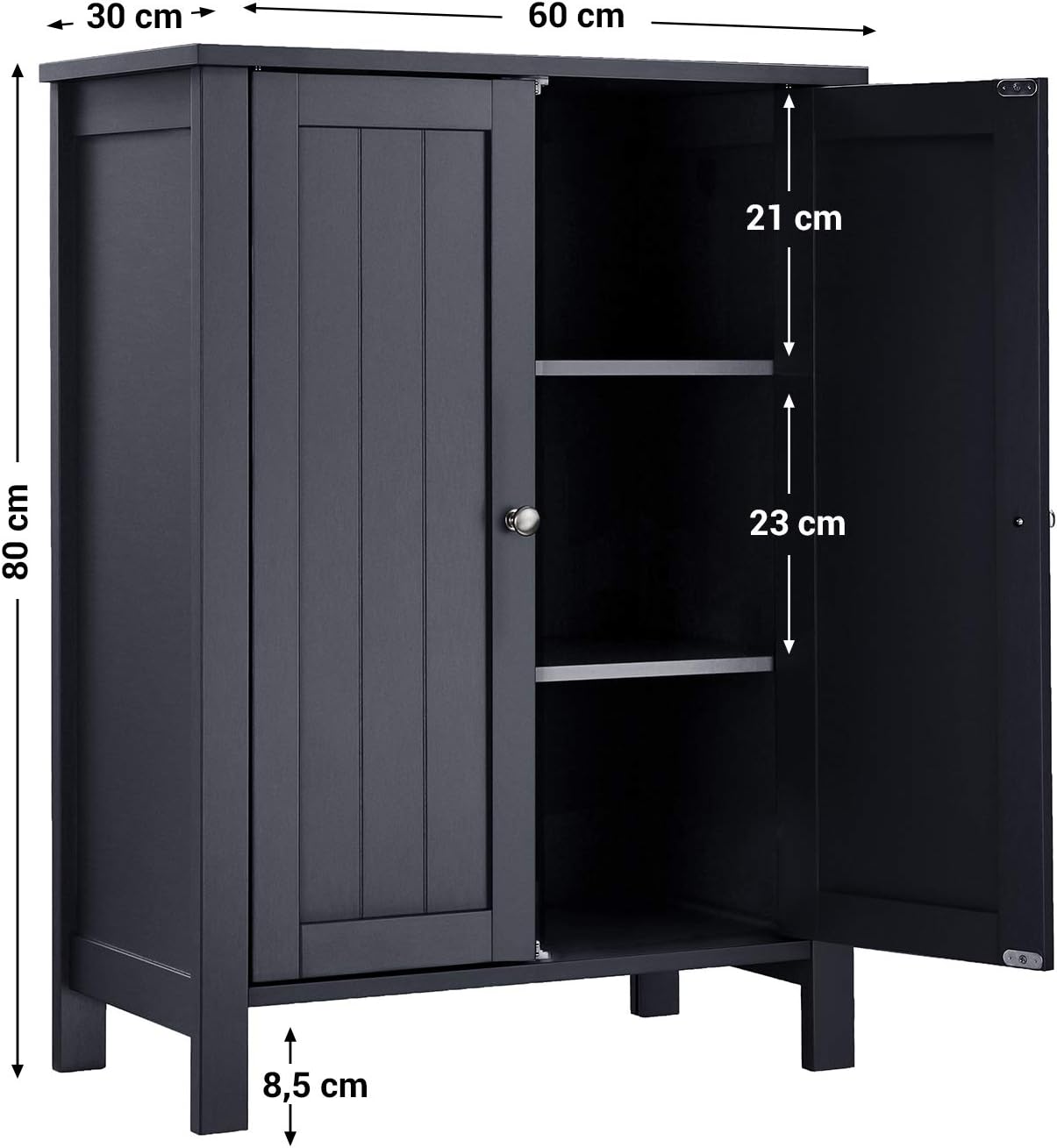 VASAGLE Dulap baie pe picioare cu 2 rafturi reglabile, din MDF, 30x60x80 cm, gri