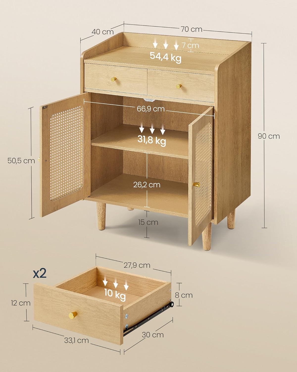 SONGMICS Dulap 70x40x90 cm, cu 2 sertare, raft reglabil si usi duble, MDF si lemn masiv, stil boho, stejar bej