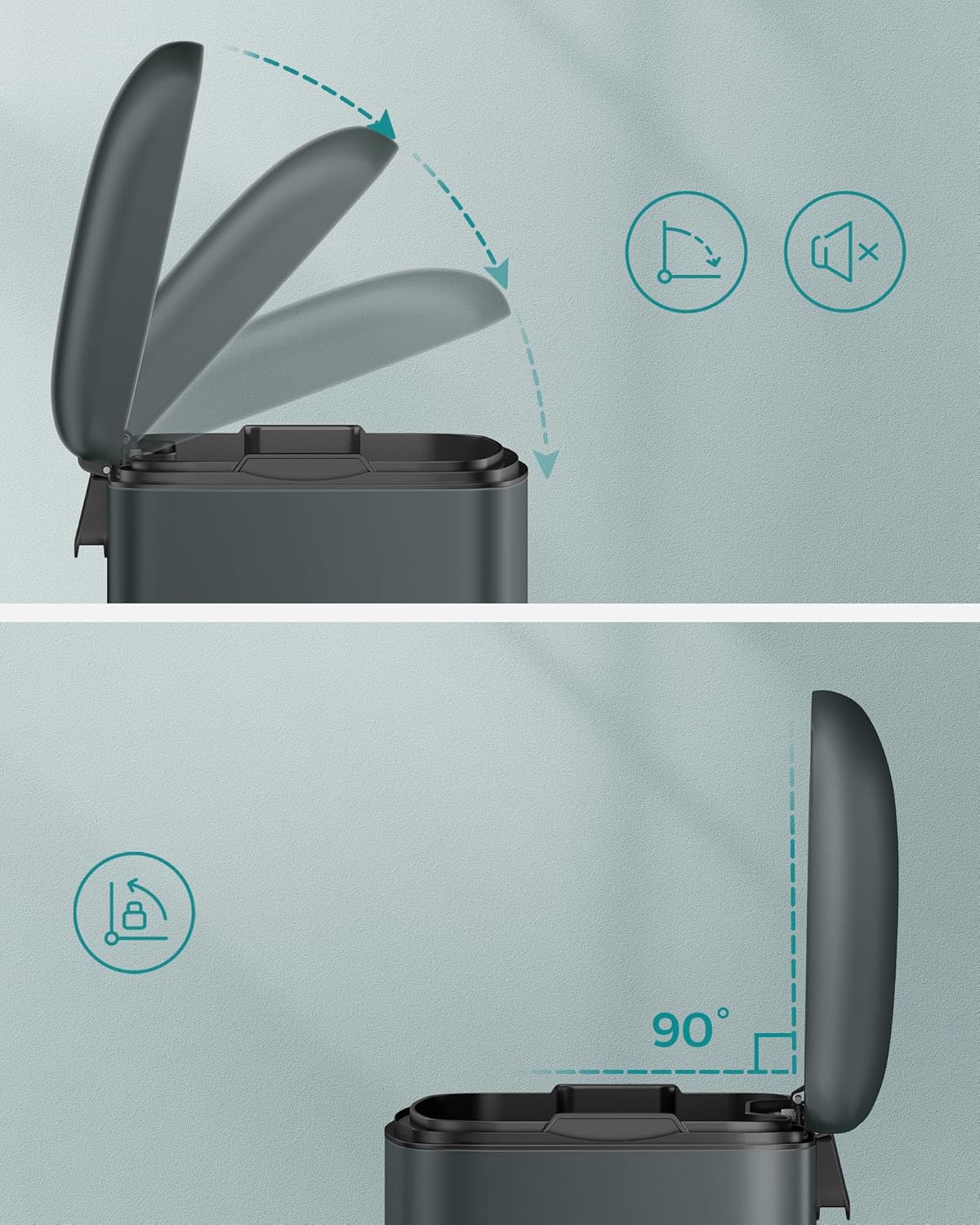 SONGMICS Cos de gunoi 34x25x61 cm, 30L, cu pedala, capac soft-close si galeata detasabila, verde-gri