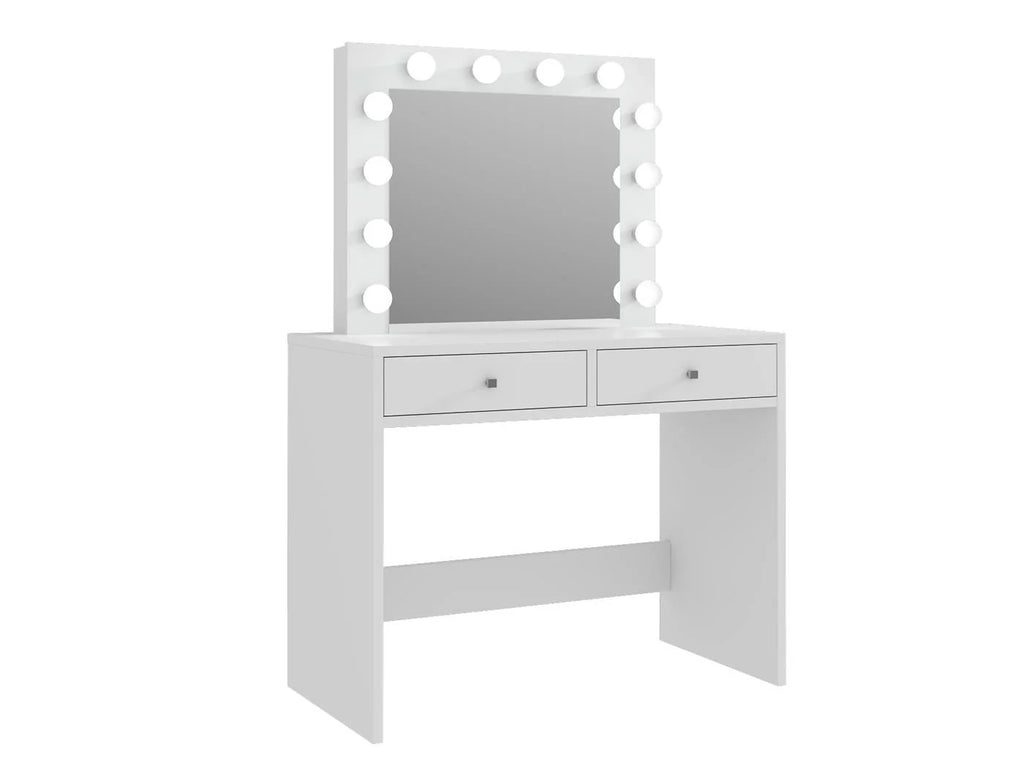 Masa de toaleta si machiaj Mega 12 LED, 100x50x144 cm, cu oglinda iluminata si 2 sertare, alb