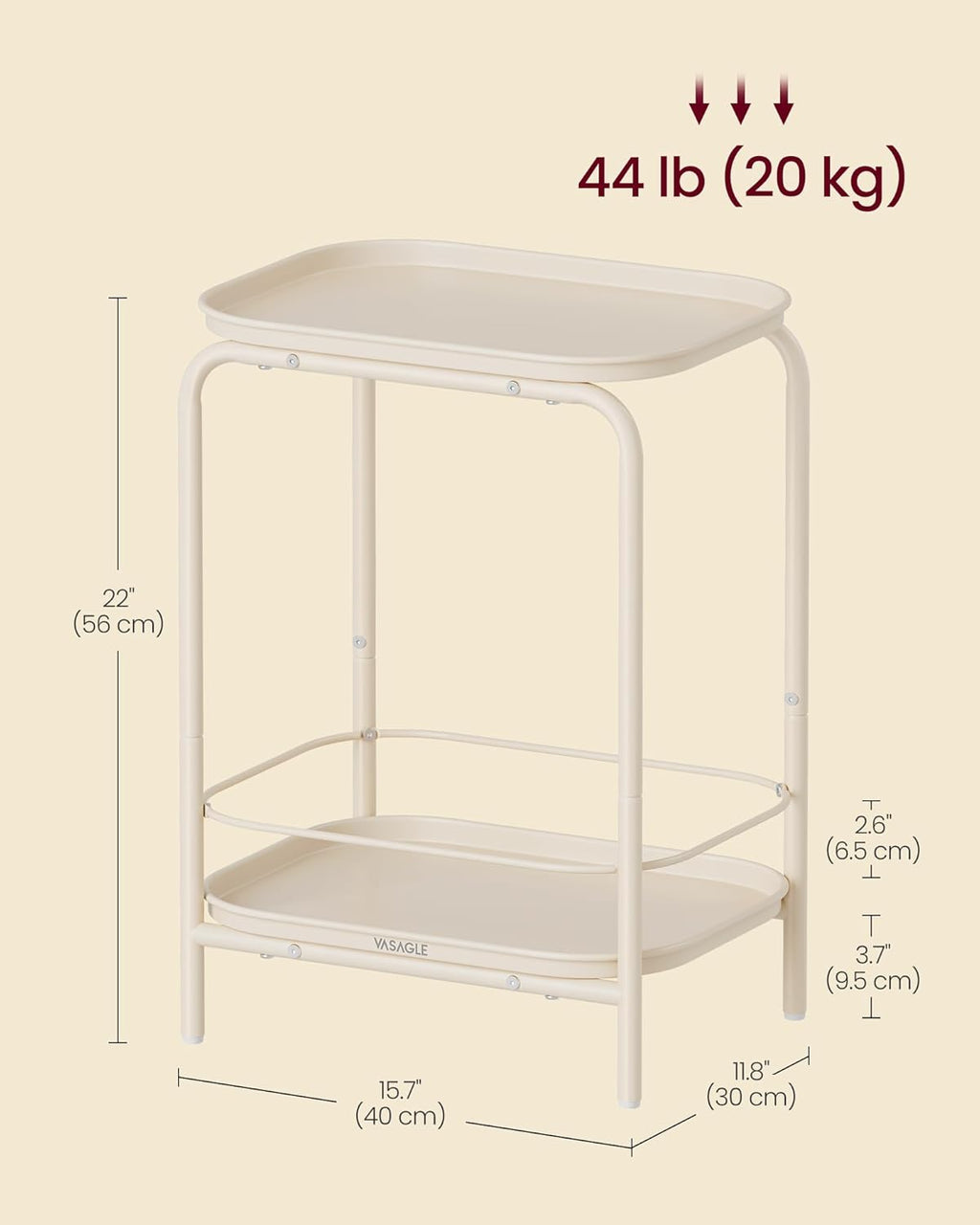 VASAGLE Masuta laterala 40x30x56 cm, cu 2 rafturi, otel rezistent la apa si zgarieturi, crem