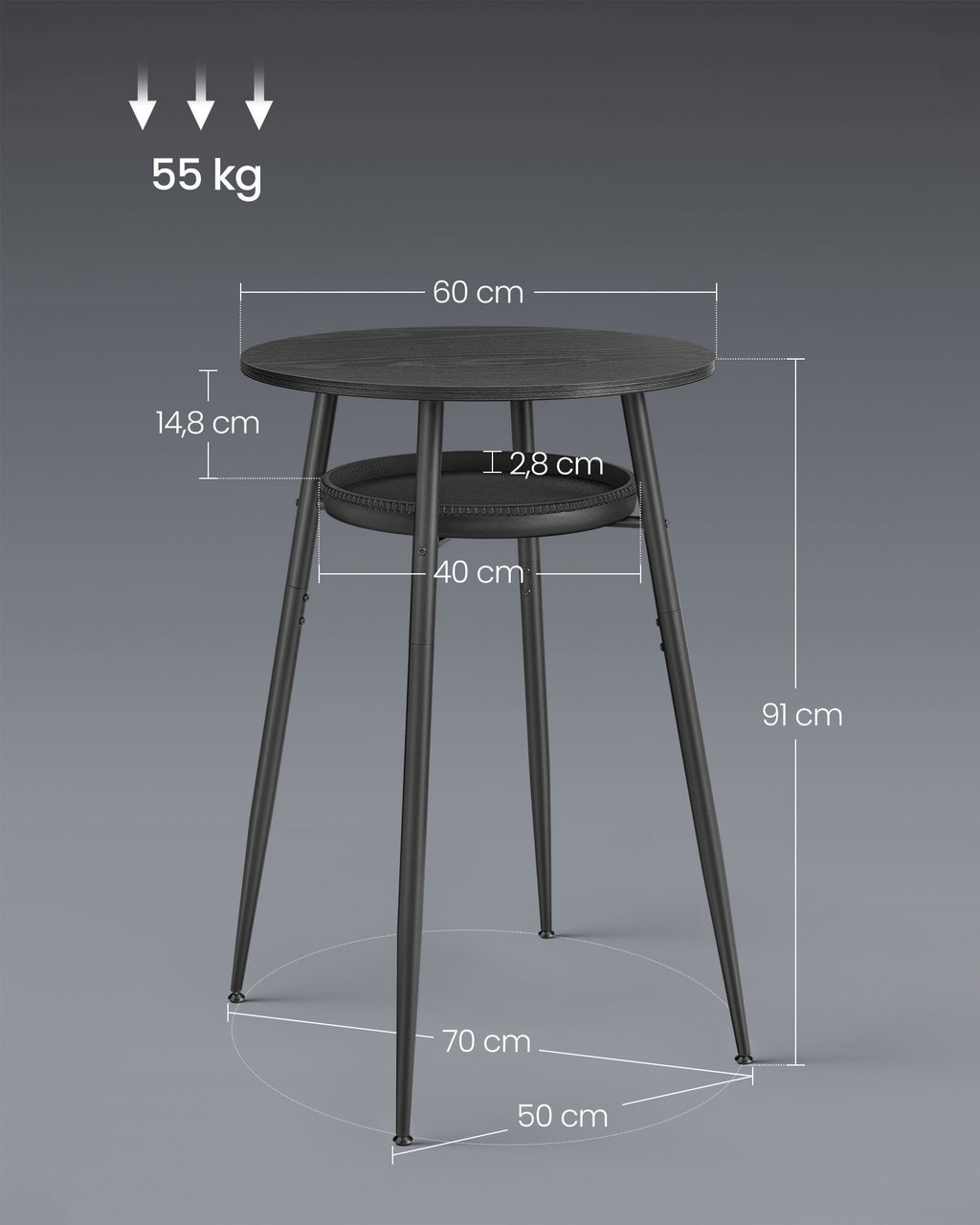 VASAGLE Masa de bar neagra, 70x70x91 cm – design elegant cu piele artificiala, blat 60 cm, stabila si usor de asamblat