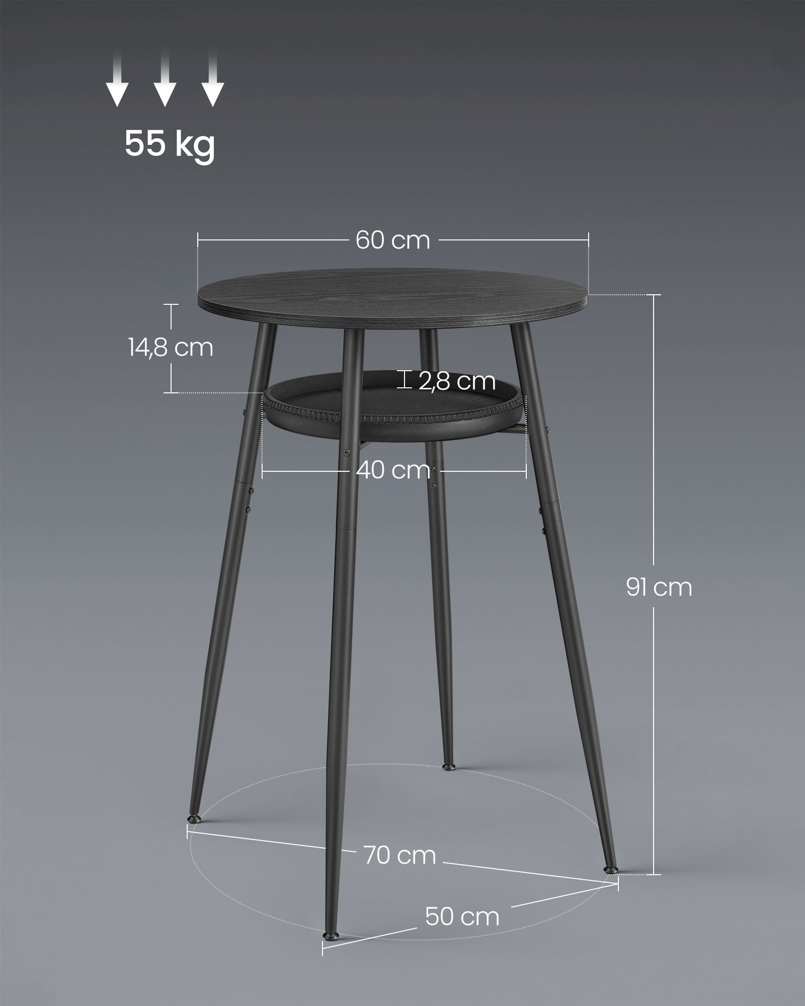 VASAGLE Masa de bar neagra, 70x70x91 cm – design elegant cu piele artificiala, blat 60 cm, stabila si usor de asamblat