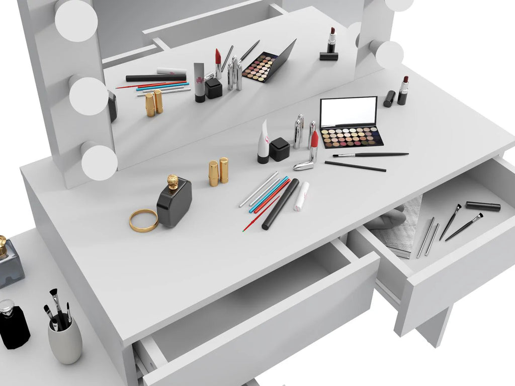 Masa de toaleta si machiaj Adele cu 5 sertare si oglinda 12 LED, 113x47x142 cm, alb