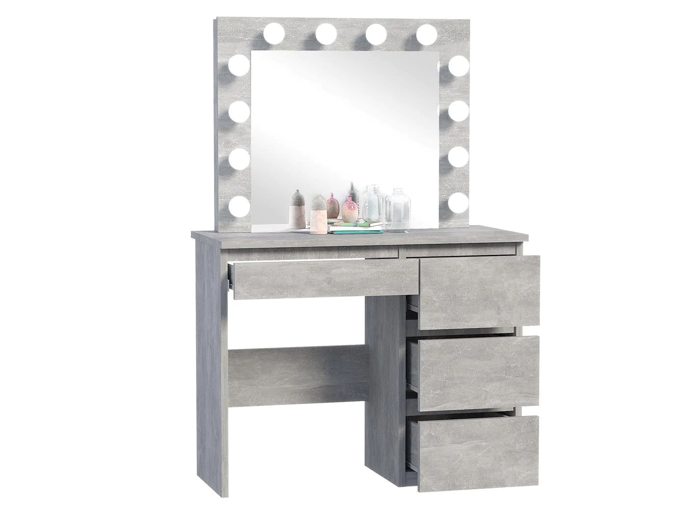 Masa de toaleta si machiaj Hollywood cu oglinda LED si 4 sertare, 94x43x140 cm, gri beton