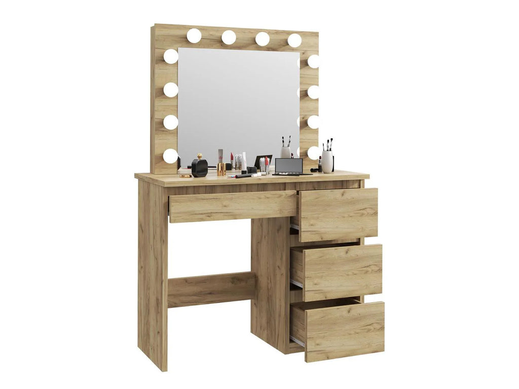 Masa de toaleta si machiaj Hollywood cu oglinda LED si 4 sertare, 94x43x140 cm, craft