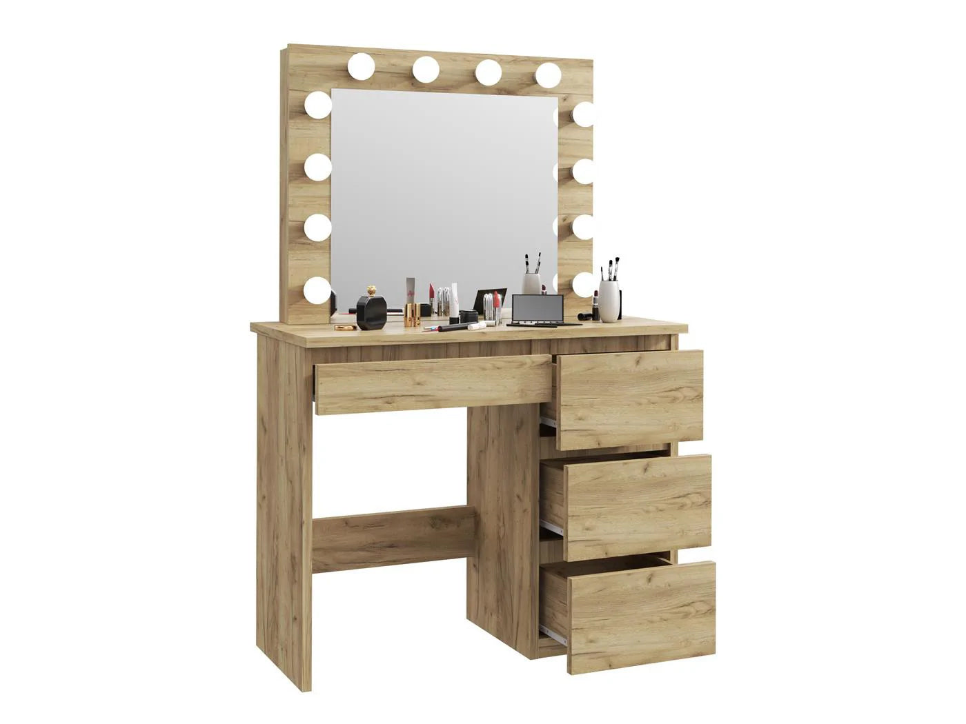 Masa de toaleta si machiaj Hollywood cu oglinda LED si 4 sertare, 94x43x140 cm, craft