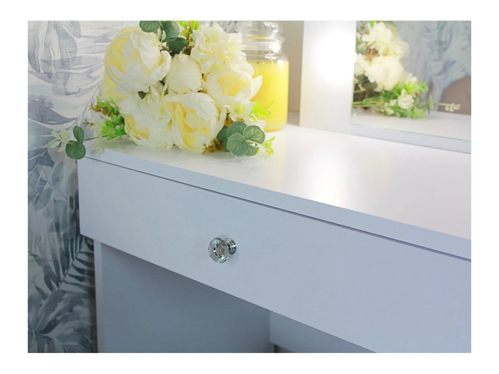 Masa de toaleta si machiaj Cristal 12 LED cu oglinda si 5 sertare, 110x47x77 cm, alb