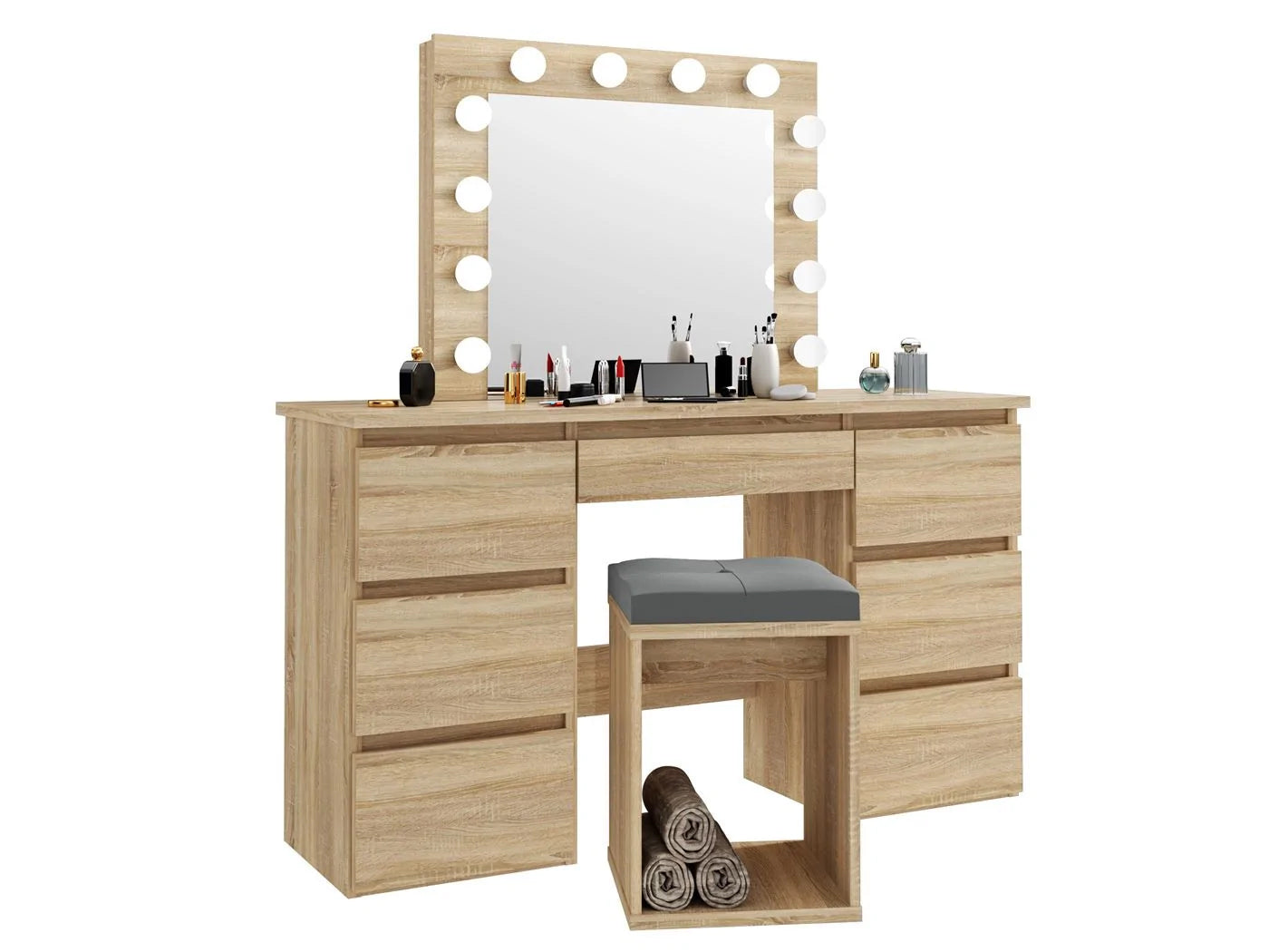 Masa de toaleta si machiaj cu oglinda LED si 7 sertare, 120x43x140 cm, sonoma