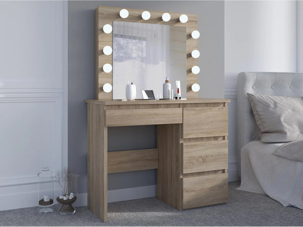 Masa de toaleta si machiaj Hollywood cu oglinda LED si 4 sertare, 94x43x140 cm, stejar