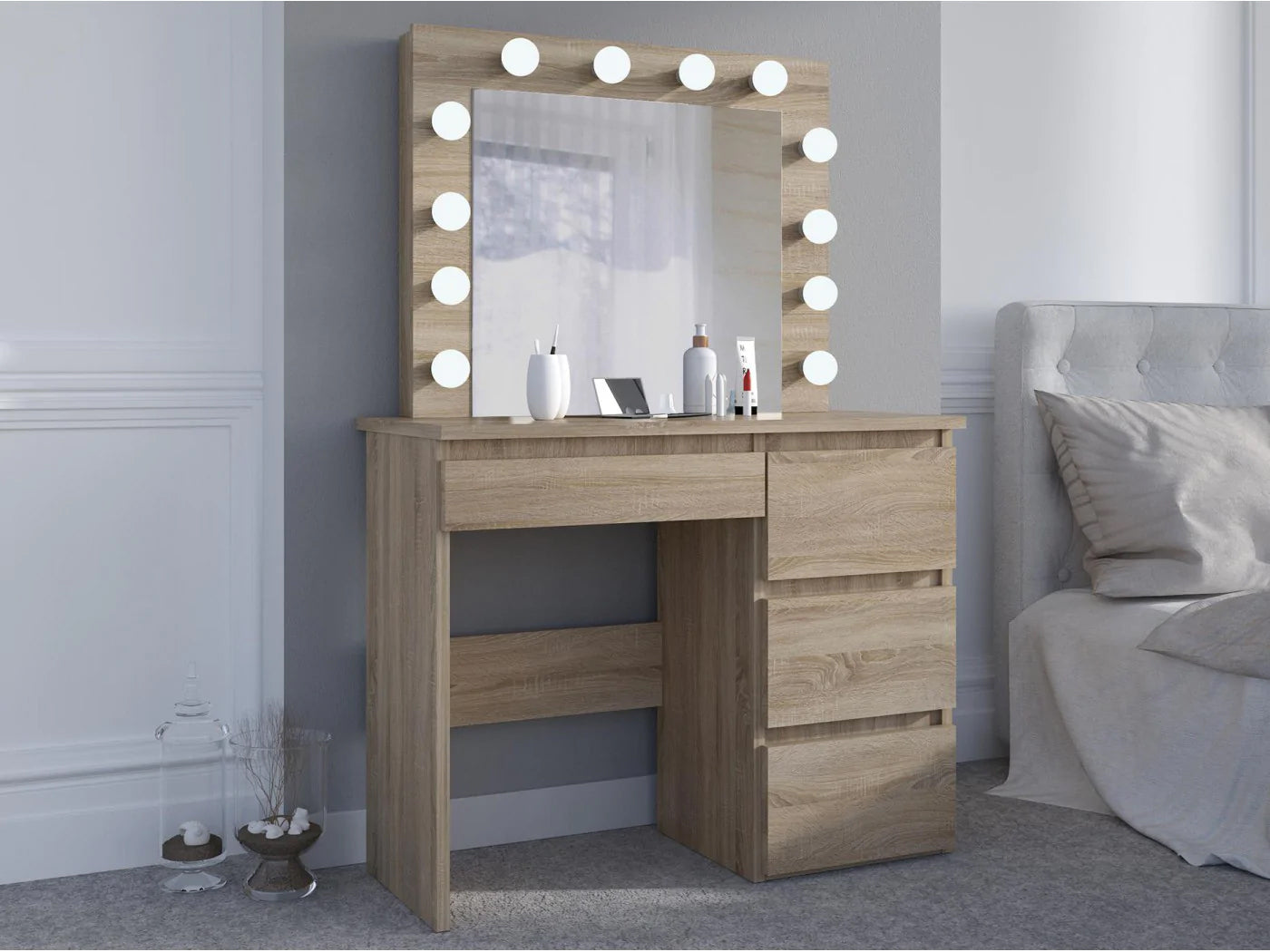 Masa de toaleta si machiaj Hollywood cu oglinda LED si 4 sertare, 94x43x140 cm, stejar