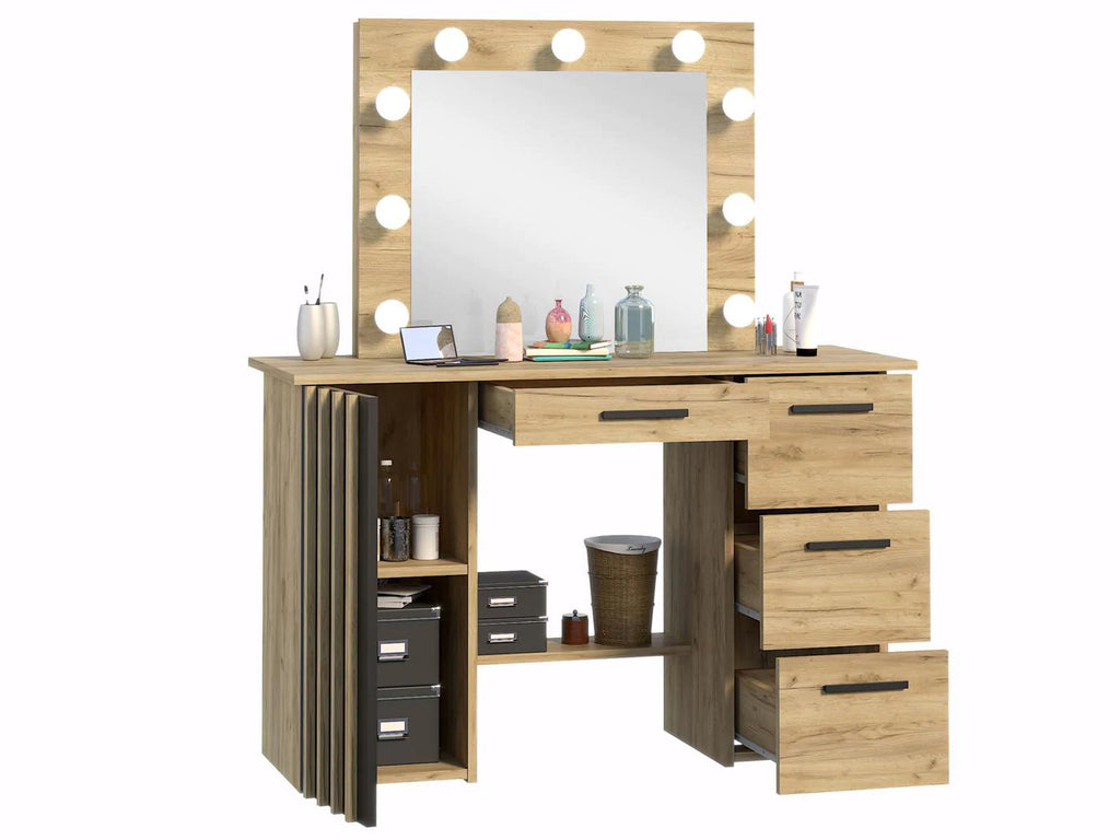 Masa de toaleta si machiaj suspendabila 120x45x140 cm cu oglinda LED si 4 sertare, craft si negru