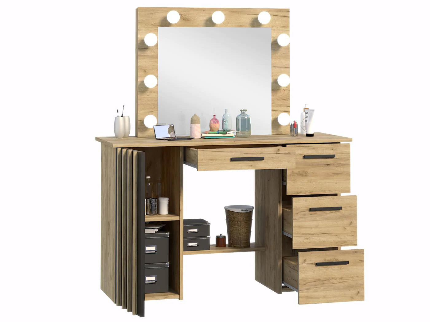 Masa de toaleta si machiaj suspendabila 120x45x140 cm cu oglinda LED si 4 sertare, craft si negru