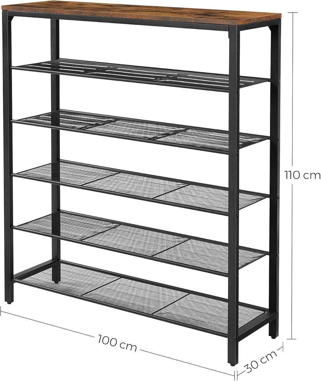 VASAGLE Etajera pantofi cu 5 rafturi si polita superioara, 100x30x110 cm, maro rustic