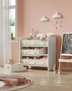 SONGMICS Raft jucarii si carti 63x30x60 cm, cu 9 cutii textile detasabile, MDF, alb
