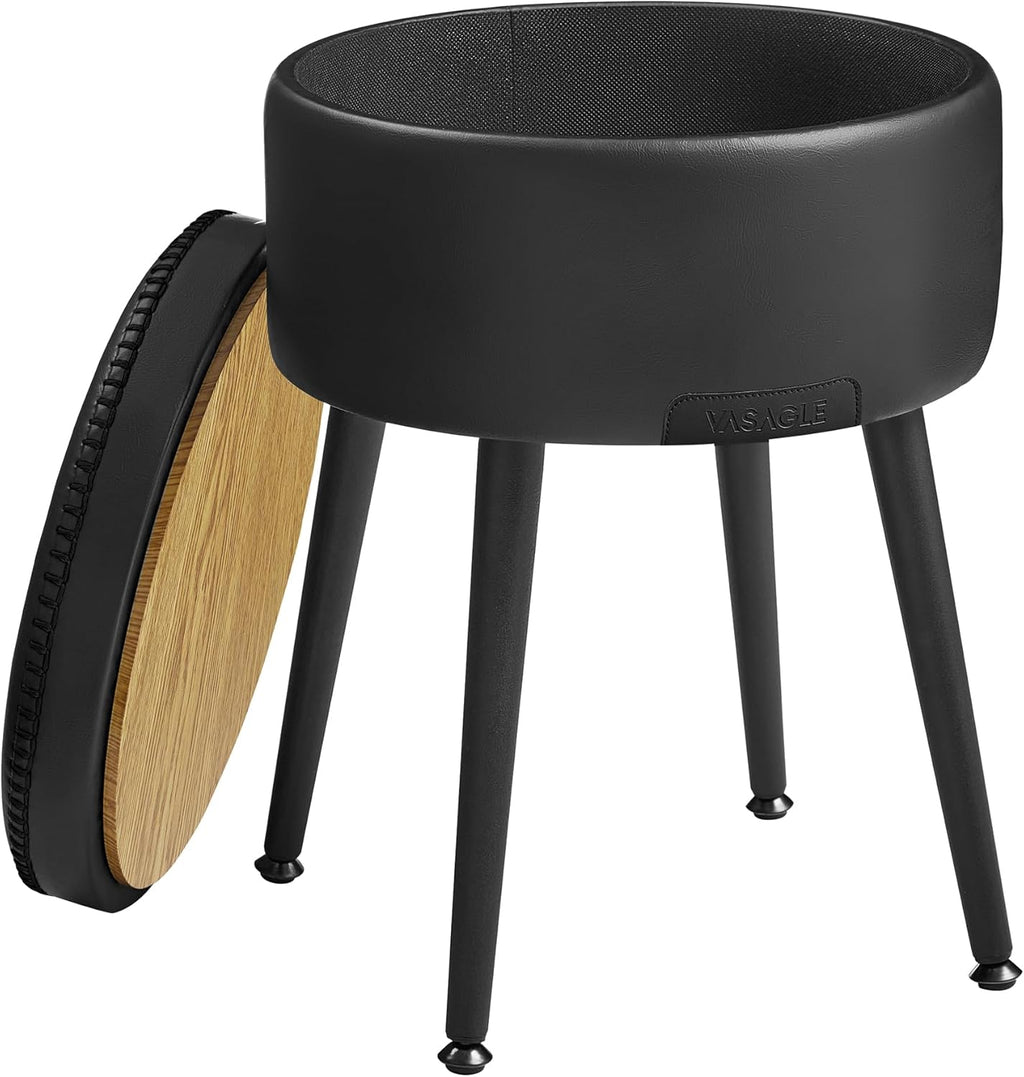 VASAGLE Taburet cu spatiu de depozitare, tapitat PU, cu 2 fete, diametru 32 cm, negru