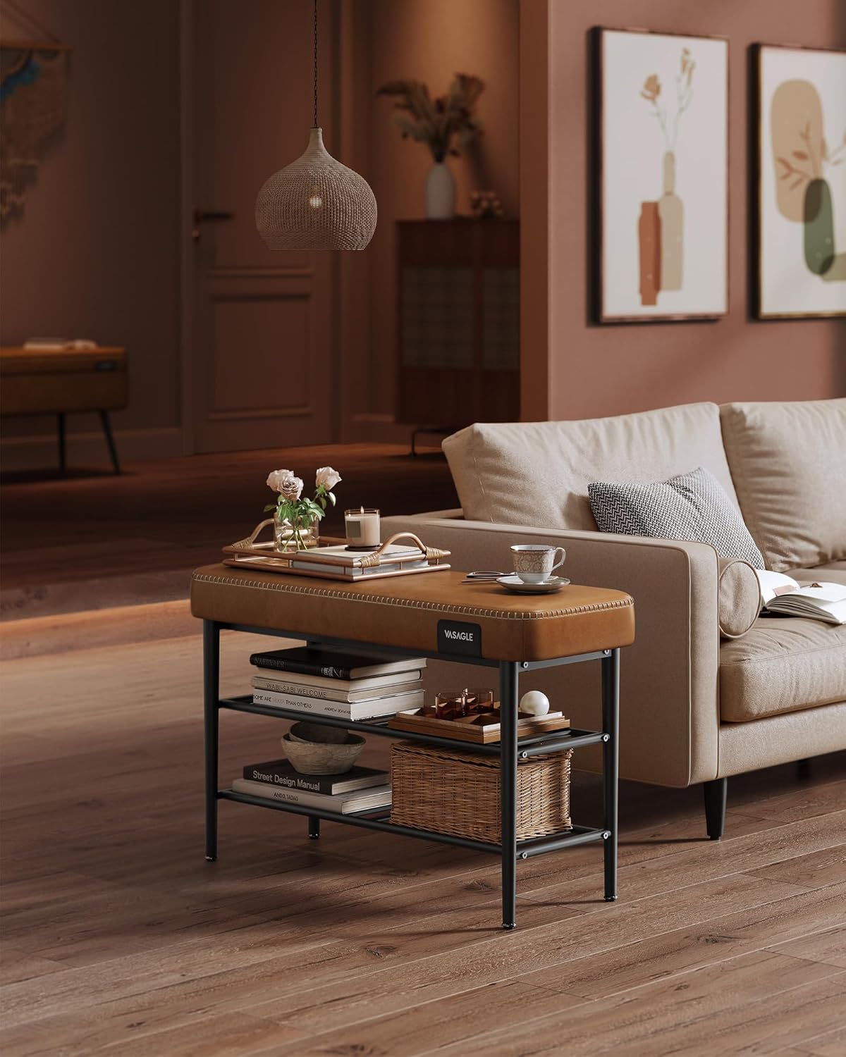 VASAGLE Banca pantofi 80x30x50 cm, cu rafturi si sezut tapitat, otel si piele PU, maro caramel