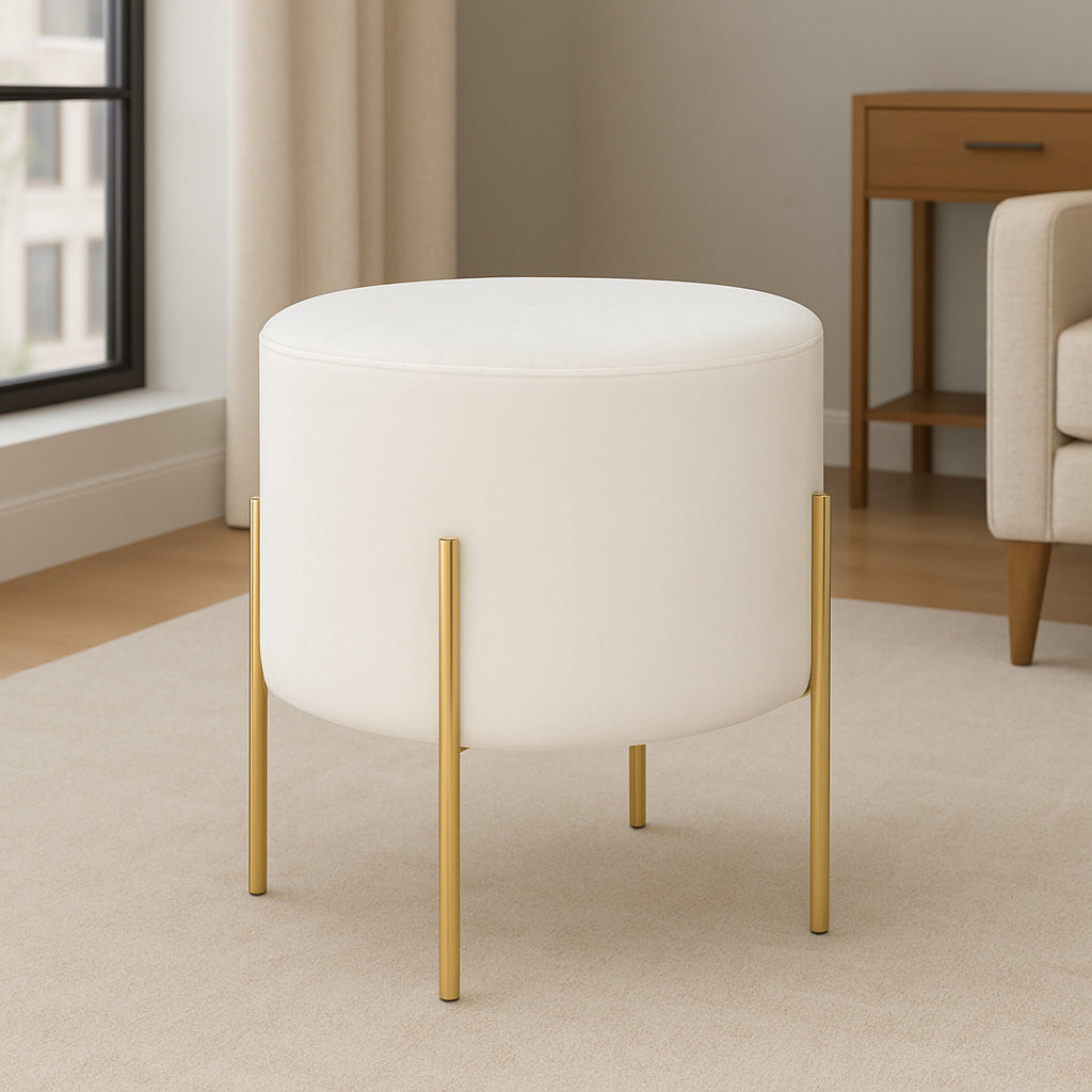 Taburet rotund Atmosphera Ilyan, 34x40 cm, catifea si MDF, alb