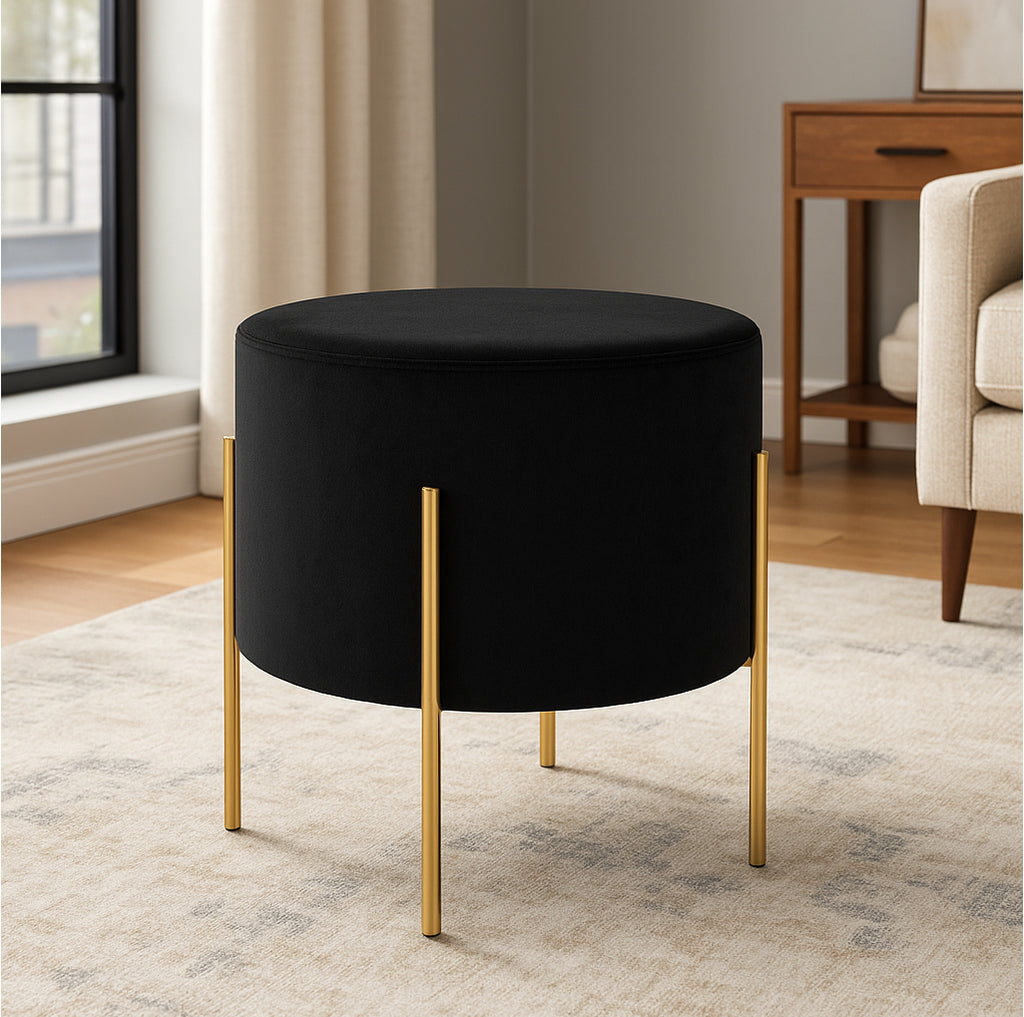 Taburet rotund Atmosphera Ilyan, 34x40 cm, catifea si MDF, negru