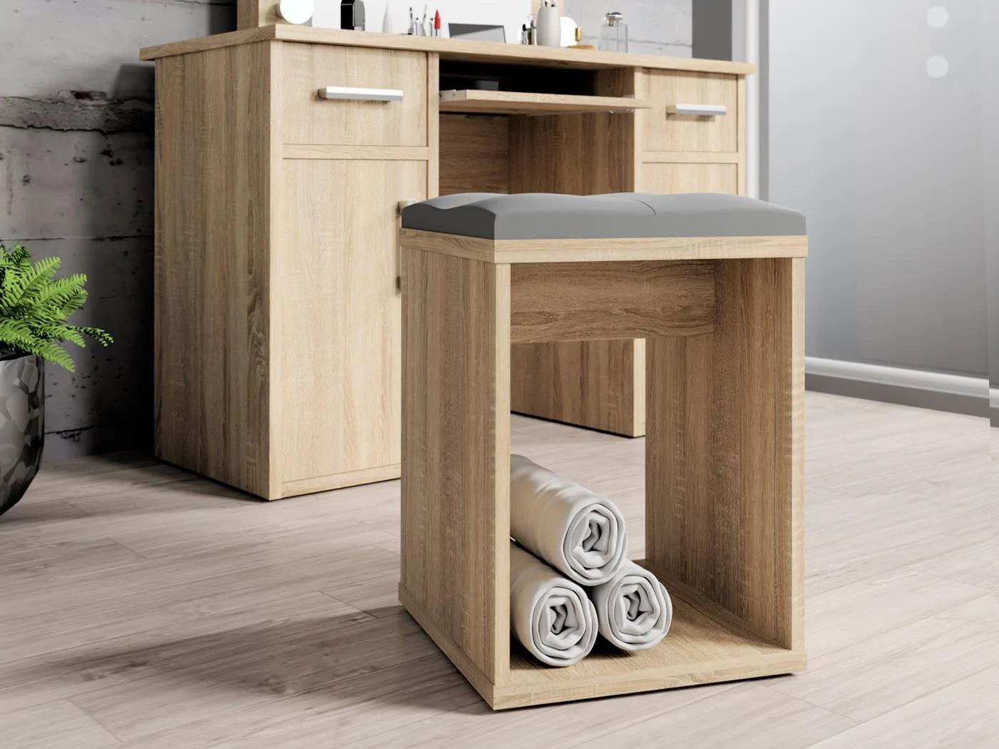 Taburet pentru masuta de toaleta cu sezut confortabil, 30x30x42 cm, stejar