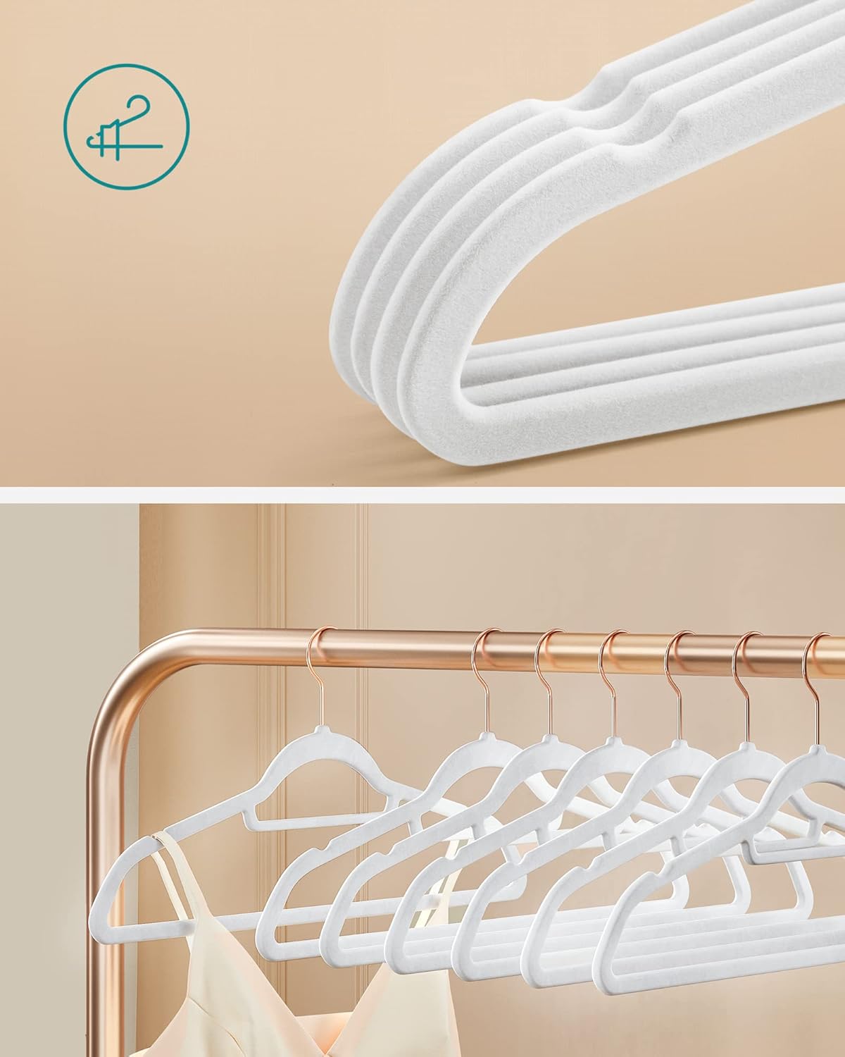 SONGMICS Set 30 umerase catifea cu carlig rotativ, 44x24 cm, alb