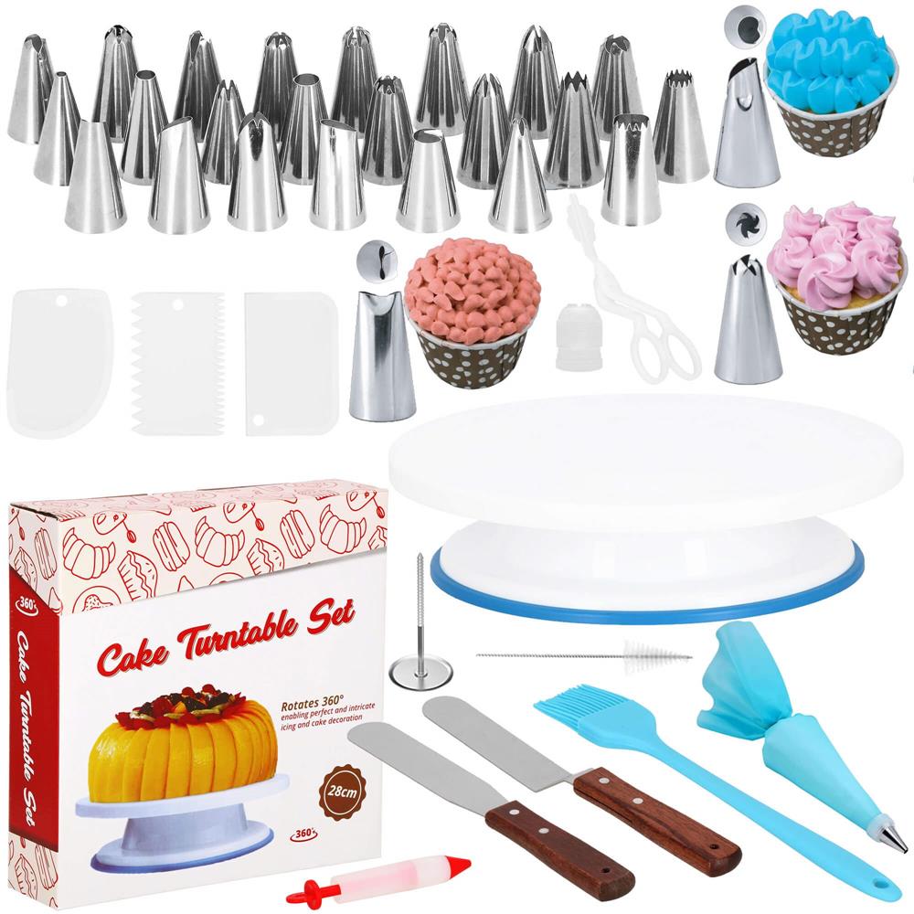 Set patiserie cu platou rotativ, 37 piese cu sabloane pentru ornarea prajiturilor