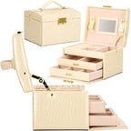 (DL) Cutie depozitare si organizare bijuterii, MDF, piele ecologica si velur, 17,5 x 14 x 12,5cm, crem