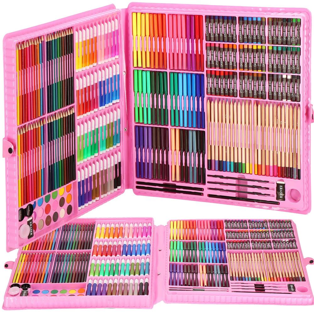 Set de pictura si desen pentru copii, 258 de piese, trusa plastic roz