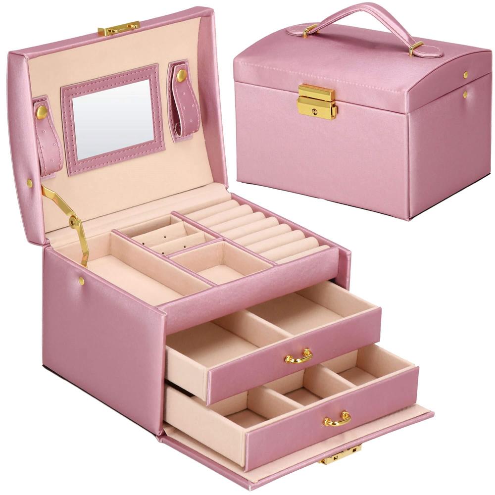 (DL) Cutie depozitare si organizare bijuterii, MDF, piele ecologica si velur, 17,5 x 14 x 12,5cm, roz