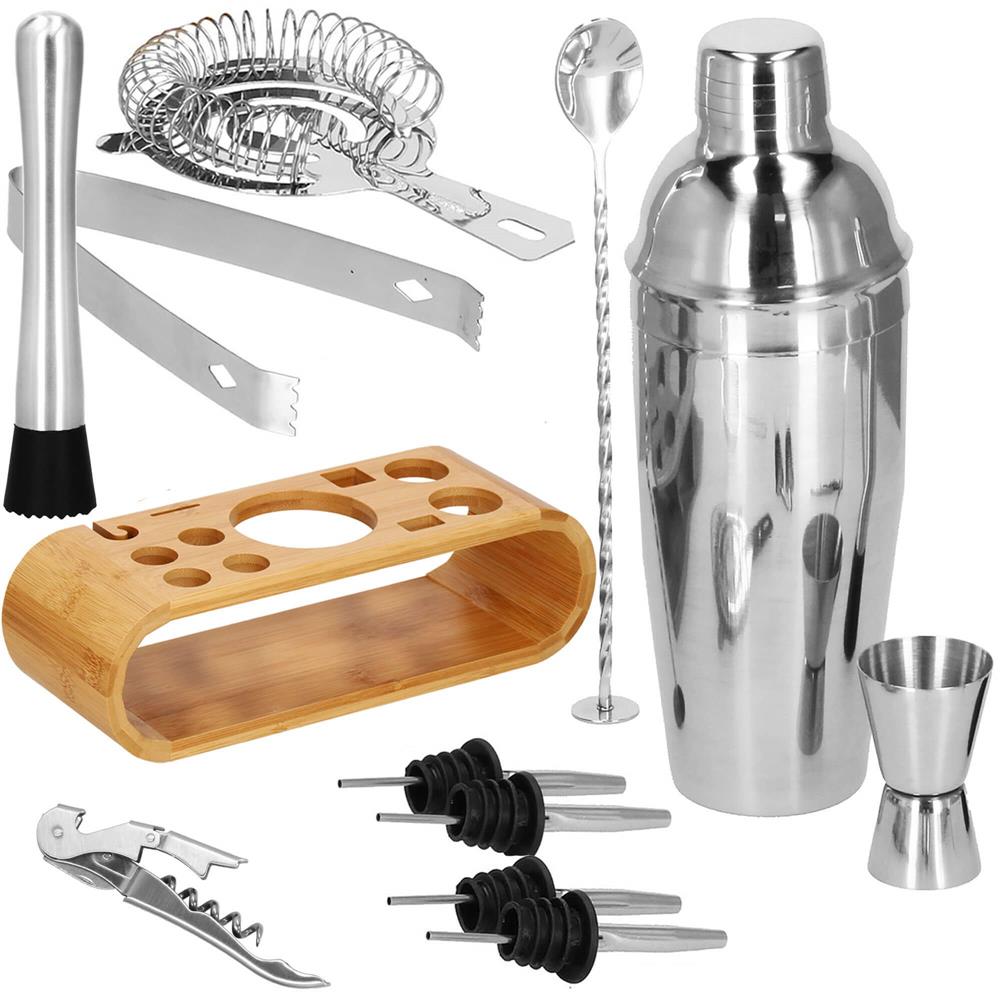 Set Cocktail Shaker Kit pentru barmani 750ml, KI25, suport bambus, 12 piese