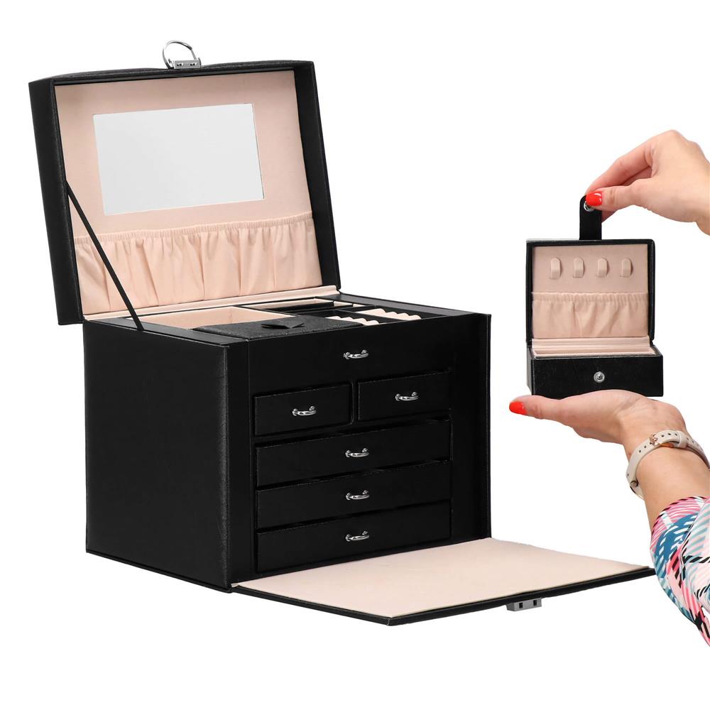 Cutie depozitare si organizare bijuterii, piele ecologica + velur, 26 x 21,5 x 19 cm, negru