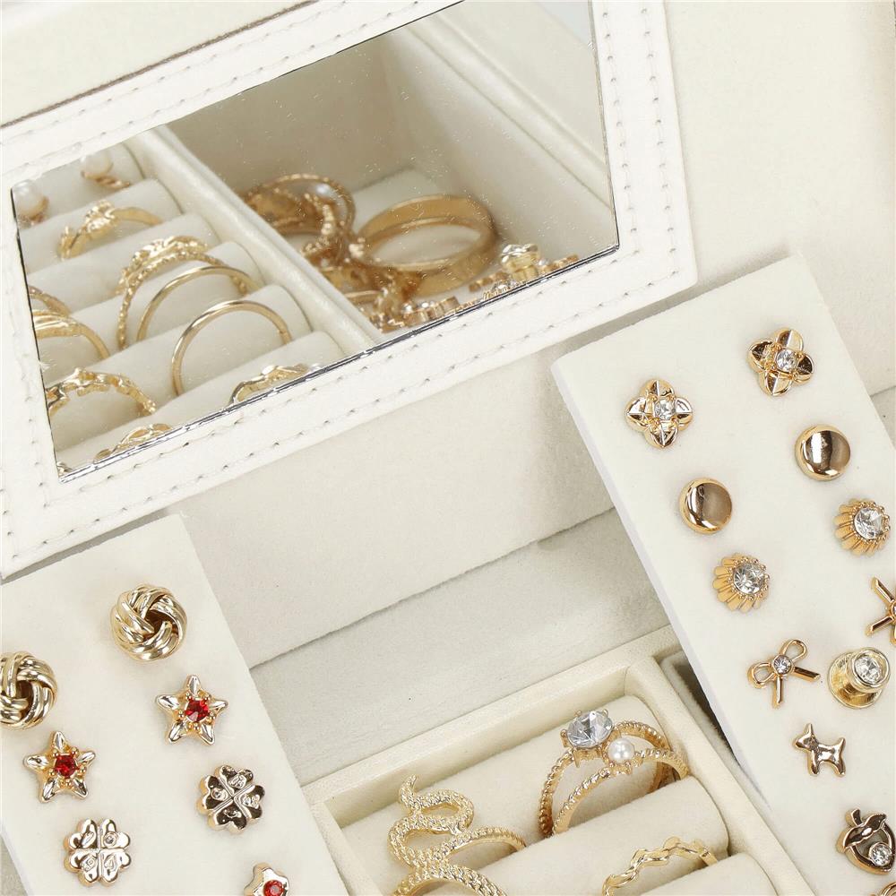 (DL) Cutie depozitare si organizare bijuterii, MDF, piele ecologica, 17,5 x 12 x 13,5 cm., crem