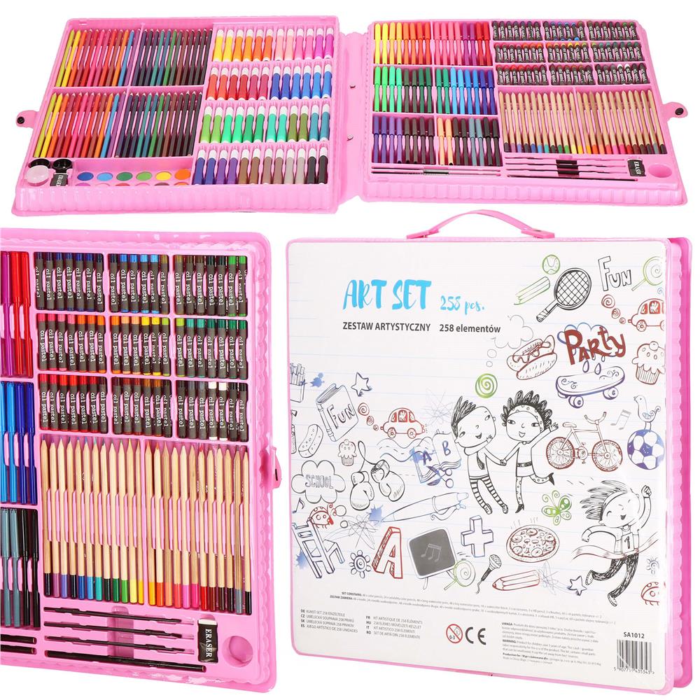 Set de pictura si desen pentru copii, 258 de piese, trusa plastic roz