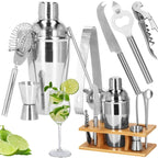 Set Cocktail Shaker Kit pentru barmani 550ml, KI22, suport bambus, 9 piese