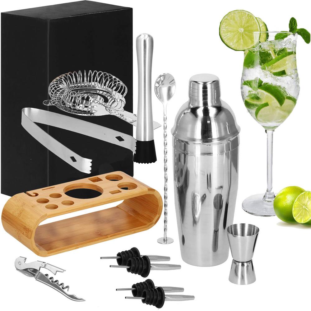 Set Cocktail Shaker Kit pentru barmani 750ml, KI25, suport bambus, 12 piese