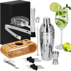 Set Cocktail Shaker Kit pentru barmani 750ml, KI25, suport bambus, 12 piese