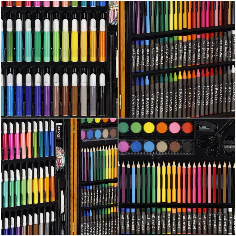 Set de pictura si desen pentru copii, 150 de piese, trusa lemn maro