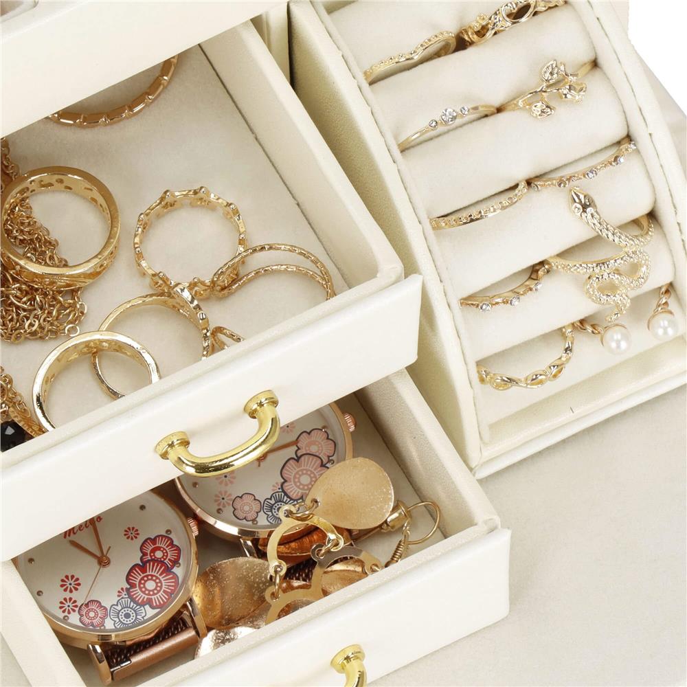 (DL) Cutie depozitare si organizare bijuterii, MDF, piele ecologica, 17,5 x 12 x 13,5 cm., crem