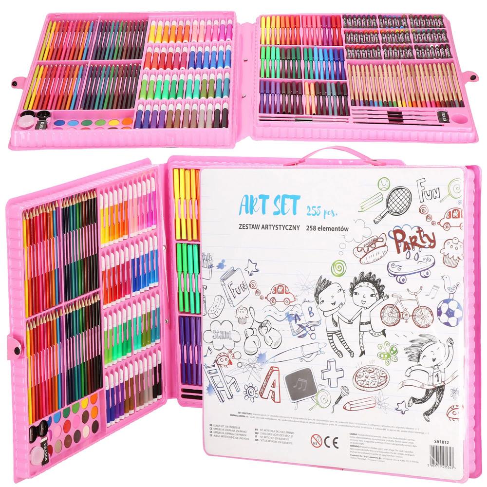 Set de pictura si desen pentru copii, 258 de piese, trusa plastic roz