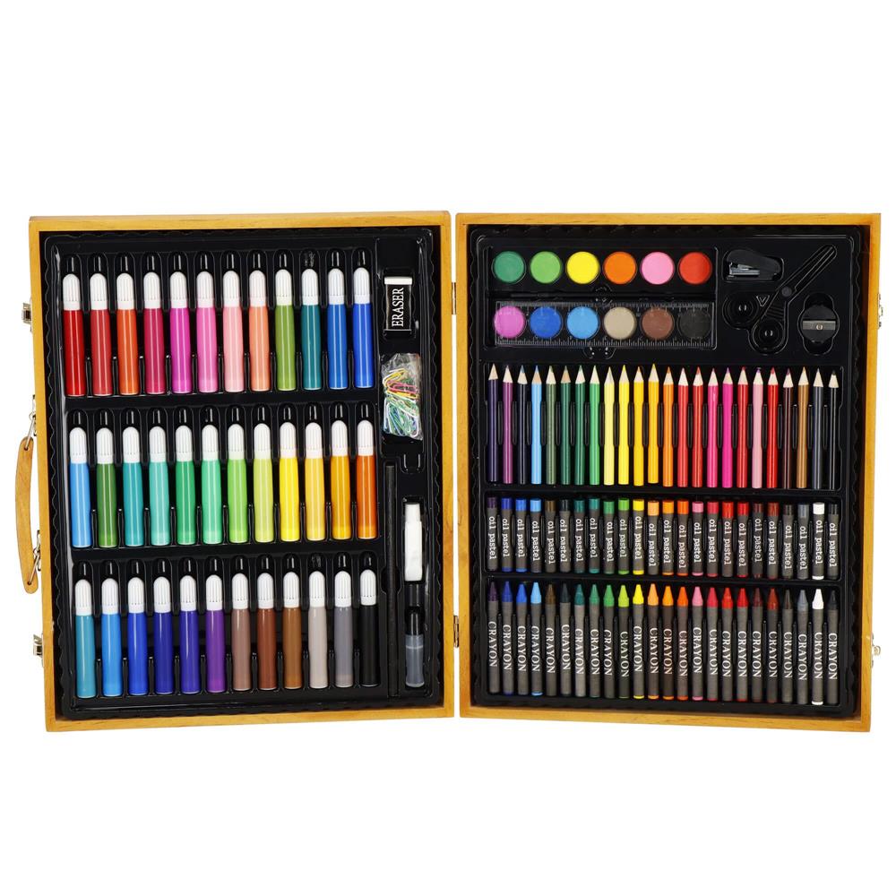 Set de pictura si desen pentru copii, 150 de piese, trusa lemn maro