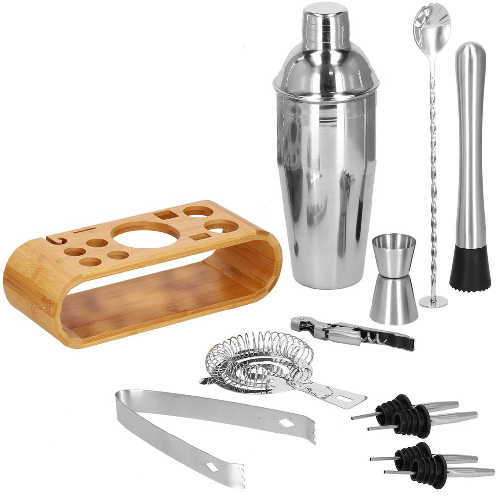 Set Cocktail Shaker Kit pentru barmani 750ml, KI25, suport bambus, 12 piese