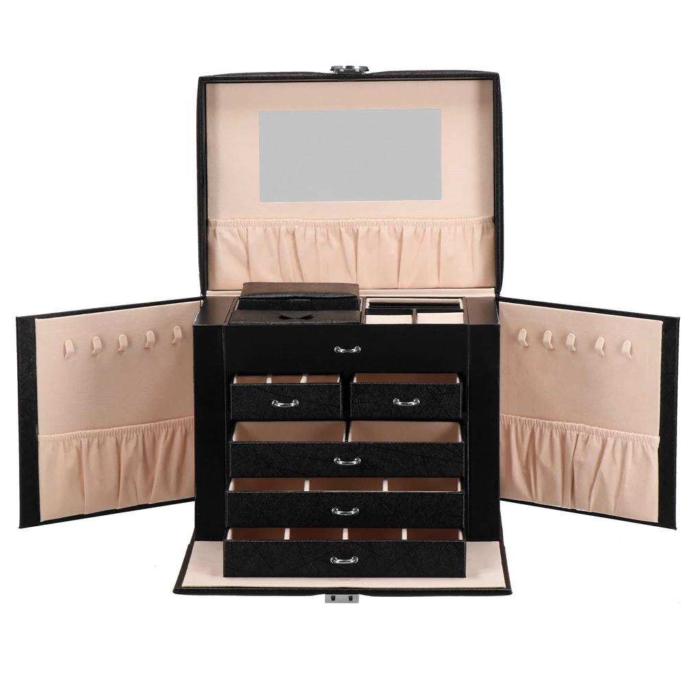 Cutie depozitare si organizare bijuterii, piele ecologica + velur, 26 x 21,5 x 19 cm, negru