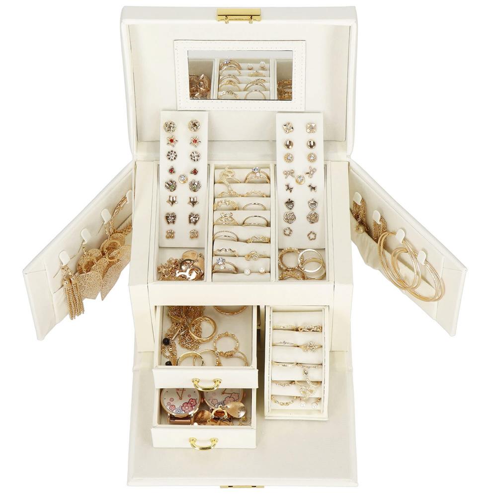 (DL) Cutie depozitare si organizare bijuterii, MDF, piele ecologica, 17,5 x 12 x 13,5 cm., crem