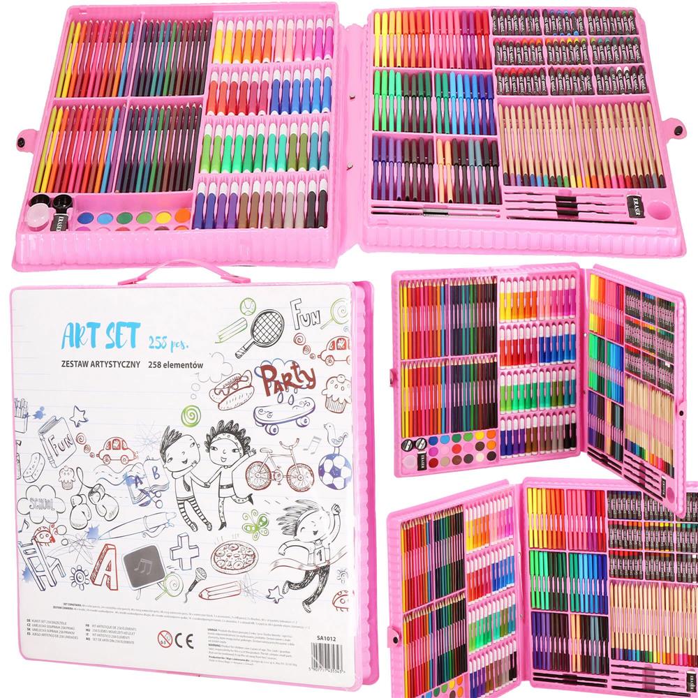 Set de pictura si desen pentru copii, 258 de piese, trusa plastic roz
