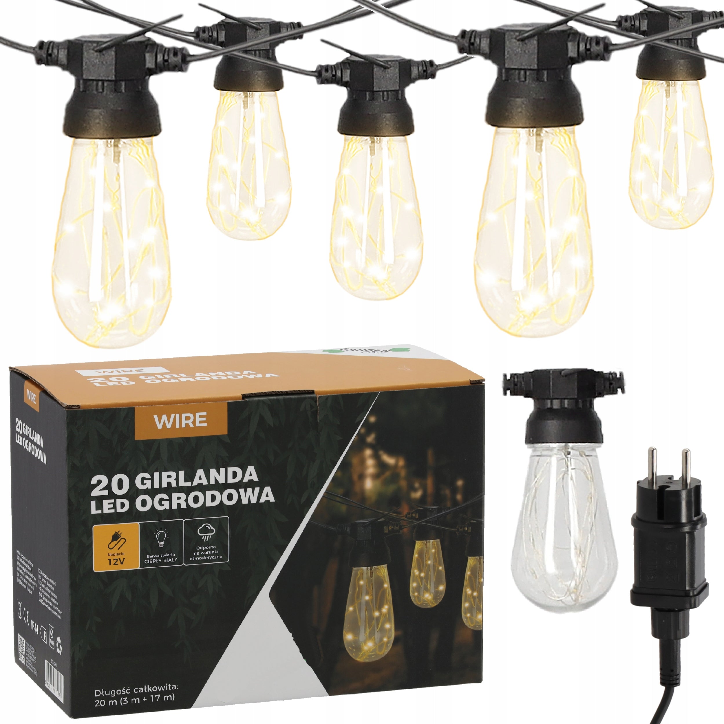 Ghirlanda luminoasa decorativa pentru exterior, alimentare la priza, 20 metri, 20 becuri LED cu iluminare calda 3000K, IP44