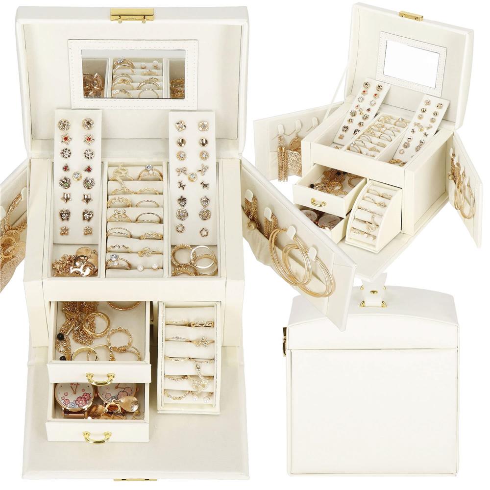 (DL) Cutie depozitare si organizare bijuterii, MDF, piele ecologica, 17,5 x 12 x 13,5 cm., crem