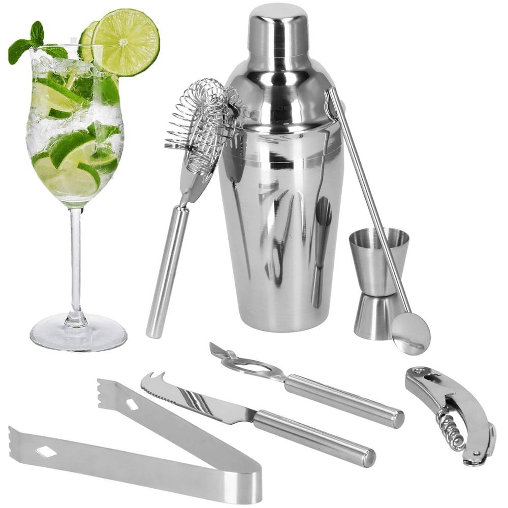 Set Cocktail Shaker Kit pentru barmani 550ml, KI22, suport bambus, 9 piese