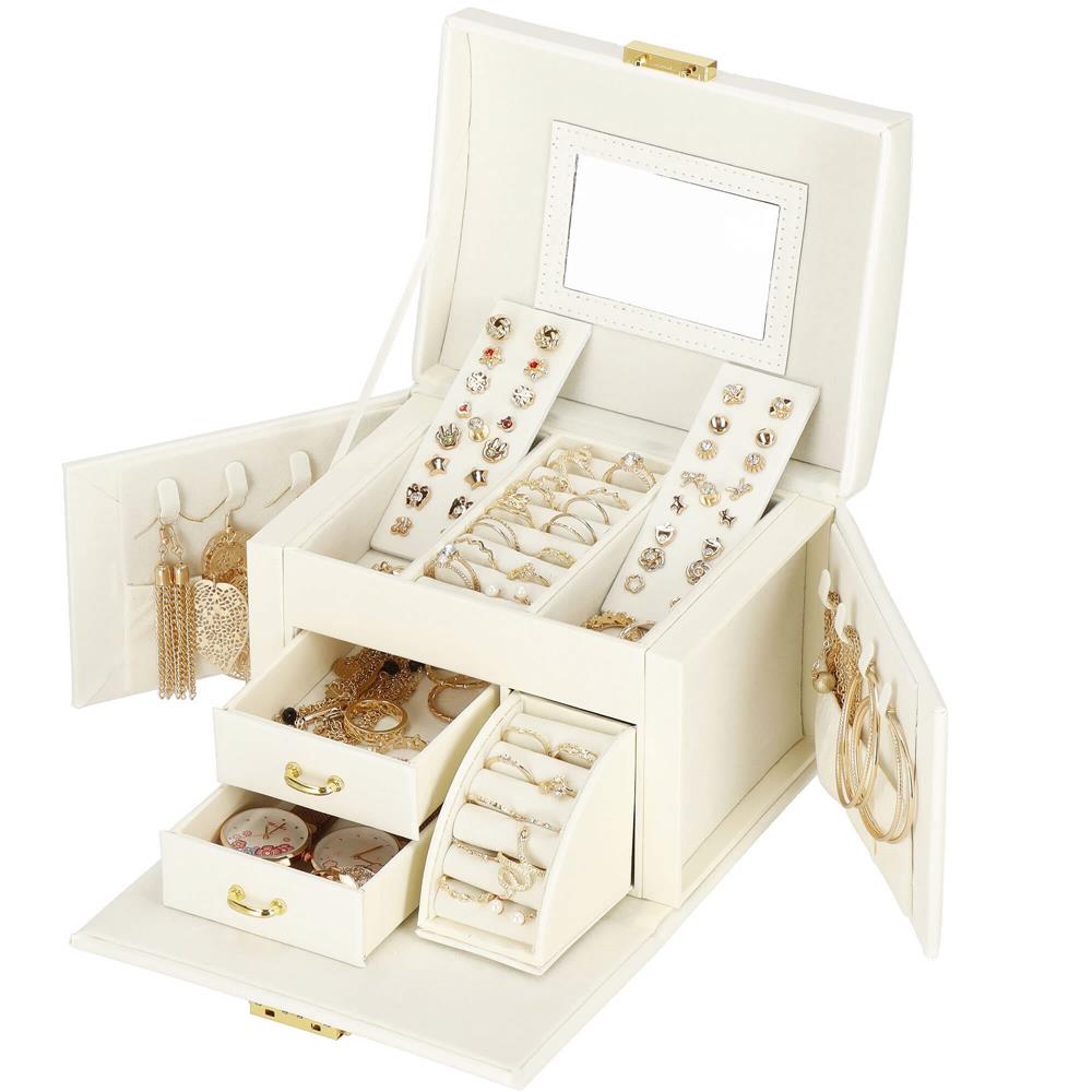 (DL) Cutie depozitare si organizare bijuterii, MDF, piele ecologica, 17,5 x 12 x 13,5 cm., crem