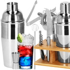Set Cocktail Shaker Kit pentru barmani 550ml, KI22, suport bambus, 9 piese