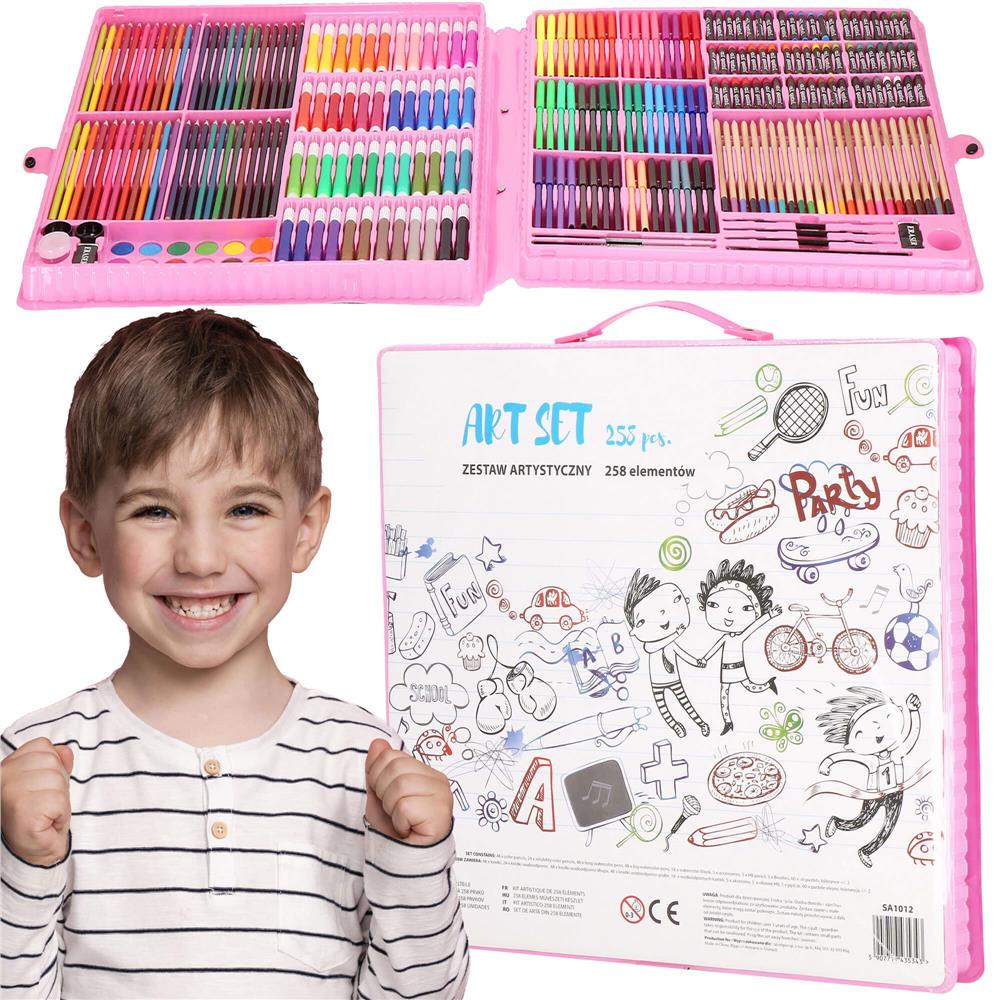 Set de pictura si desen pentru copii, 258 de piese, trusa plastic roz